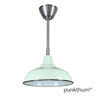 Apfelgrüne Fabriklampe, Emaillelampe mit Stahlrohr-Aufhängung und Baldachin.