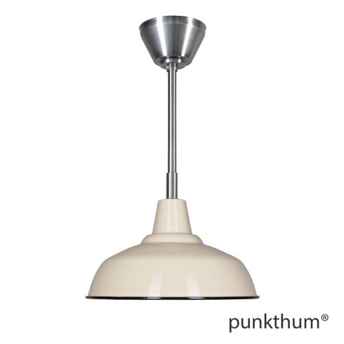 Sandfarbene Fabriklampe, Emaillelampe mit Stahlrohr-Aufhängung und Baldachin.