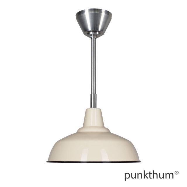 Sandfarbene Fabriklampe, Emaillelampe mit Stahlrohr-Aufhängung und Baldachin.
