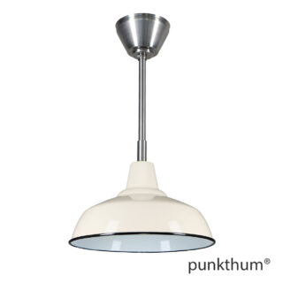 Sandfarbene Fabriklampe, Emaillelampe mit Stahlrohr-Aufhängung und Baldachin.