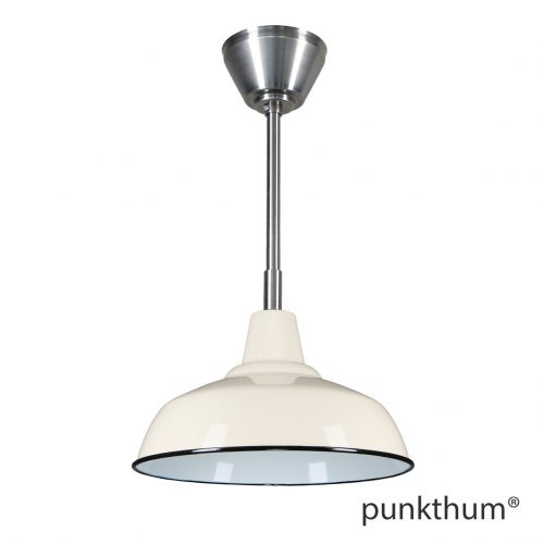 Sandfarbene Fabriklampe, Emaillelampe mit Stahlrohr-Aufhängung und Baldachin.