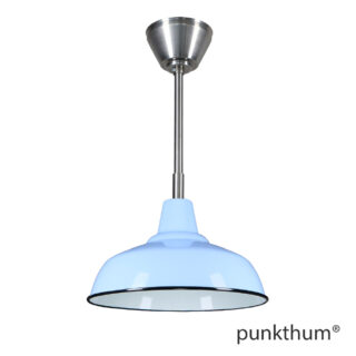 Hellblaue Fabriklampe, Emaillelampe mit Stahlrohr-Aufhängung und Baldachin.
