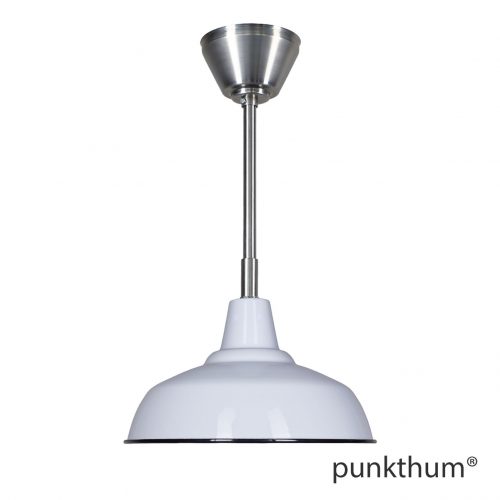Hellgraue Fabriklampe, Emaillelampe mit Stahlrohr-Aufhängung und Baldachin.
