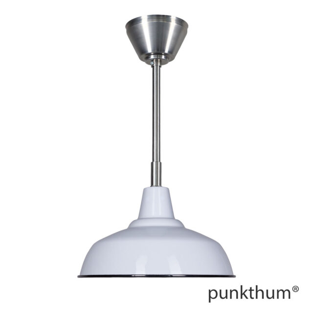 Hellgraue Fabriklampe, Emaillelampe mit Stahlrohr-Aufhängung und Baldachin.