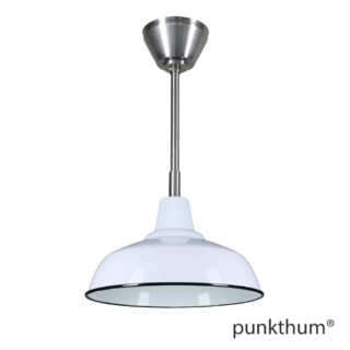 Hellgraue Fabriklampe, Emaillelampe mit Stahlrohr-Aufhängung und Baldachin.