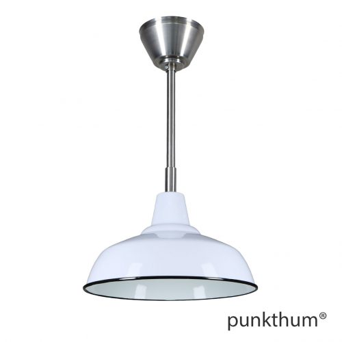 Hellgraue Fabriklampe, Emaillelampe mit Stahlrohr-Aufhängung und Baldachin.