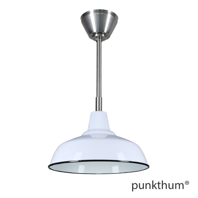 Hellgraue Fabriklampe, Emaillelampe mit Stahlrohr-Aufhängung und Baldachin.