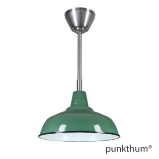 Dunkelgrüne Fabriklampe, Emaillelampe mit Stahlrohr-Aufhängung und Baldachin.
