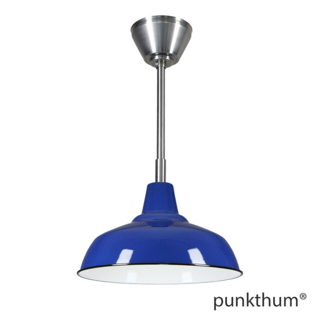 Dunkelblaue Fabriklampe, Emaillelampe mit Stahlrohr-Aufhängung und Baldachin.