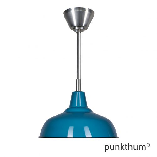 Blaue Fabriklampe, Emaillelampe mit Stahlrohr-Aufhängung und Baldachin.