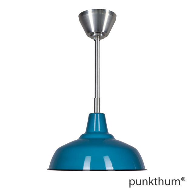 Blaue Fabriklampe, Emaillelampe mit Stahlrohr-Aufhängung und Baldachin.