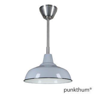 Graue Fabriklampe, Emaillelampe mit Stahlrohr-Aufhängung und Baldachin.