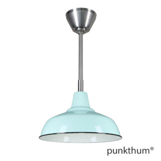 Hellgrüne Fabriklampe, Emaillelampe mit Stahlrohr-Aufhängung und Baldachin.
