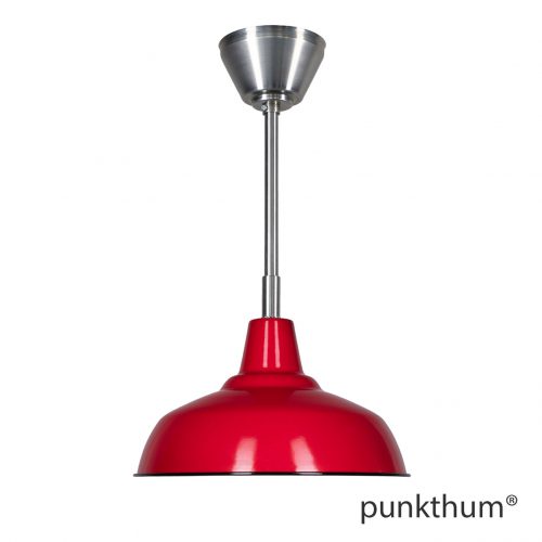 Rote Fabriklampe, Emaillelampe mit Stahlrohr-Aufhängung und Baldachin.