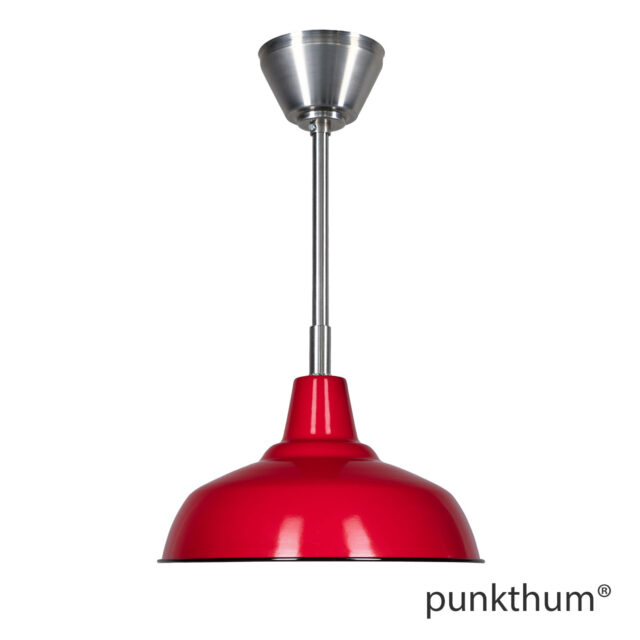 Rote Fabriklampe, Emaillelampe mit Stahlrohr-Aufhängung und Baldachin.
