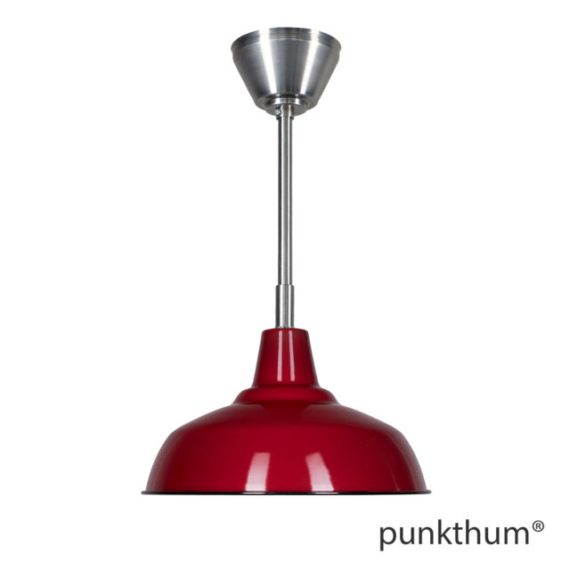 Weinrote Fabriklampe, Emaillelampe mit Stahlrohr-Aufhängung und Baldachin.