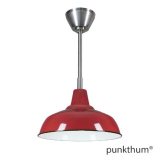 Weinrote Fabriklampe, Emaillelampe mit Stahlrohr-Aufhängung und Baldachin.