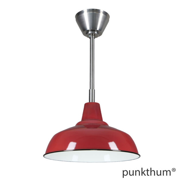 Weinrote Fabriklampe, Emaillelampe mit Stahlrohr-Aufhängung und Baldachin.