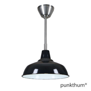 Schwarze Fabriklampe, Emaillelampe mit Stahlrohr-Aufhängung und Baldachin.