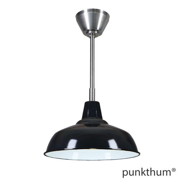 Schwarze Fabriklampe, Emaillelampe mit Stahlrohr-Aufhängung und Baldachin.