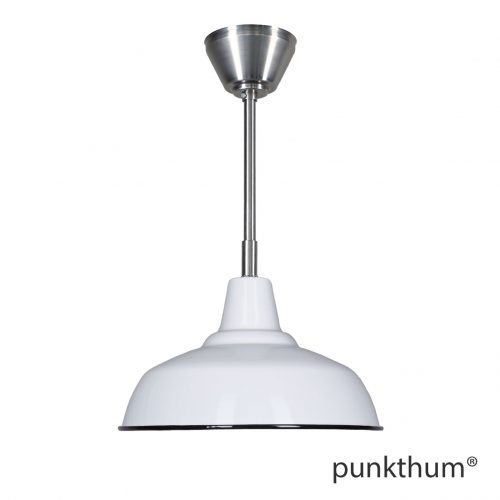Weisse Fabriklampe, Emaillelampe mit Stahlrohr-Aufhängung und Baldachin.