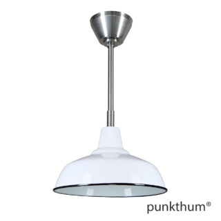 Weisse Fabriklampe, Emaillelampe mit Stahlrohr-Aufhängung und Baldachin.