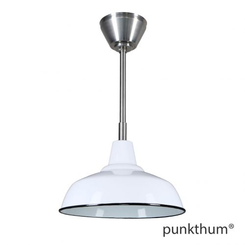 Weisse Fabriklampe, Emaillelampe mit Stahlrohr-Aufhängung und Baldachin.