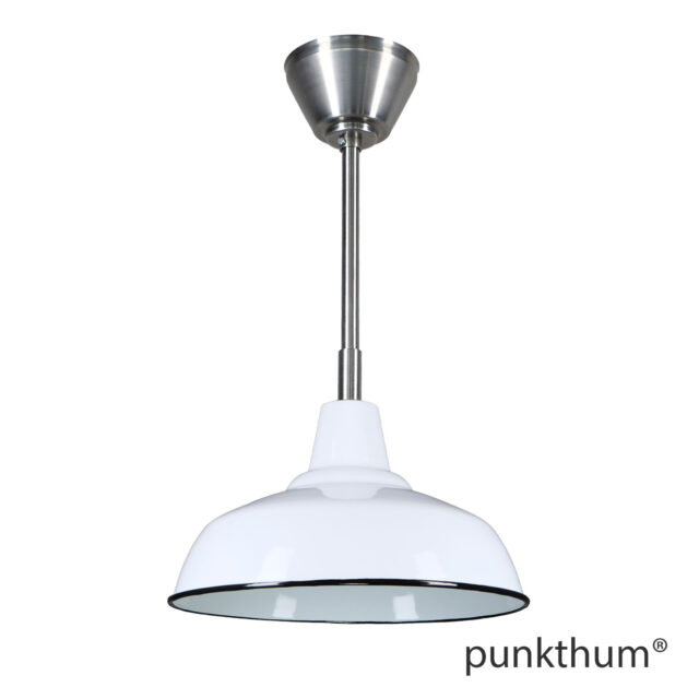 Weisse Fabriklampe, Emaillelampe mit Stahlrohr-Aufhängung und Baldachin.