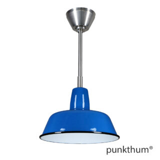 Blaue Fabriklampe, Emaillelampe mit Stahlrohr-Aufhängung und Baldachin.