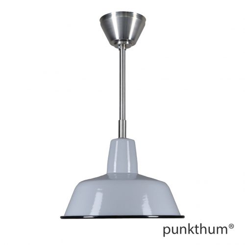 Graue Fabriklampe, Emaillelampe mit Stahlrohr-Aufhängung und Baldachin.
