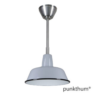 Graue Fabriklampe, Emaillelampe mit Stahlrohr-Aufhängung und Baldachin.