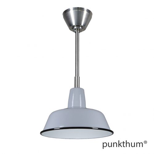 Graue Fabriklampe, Emaillelampe mit Stahlrohr-Aufhängung und Baldachin.