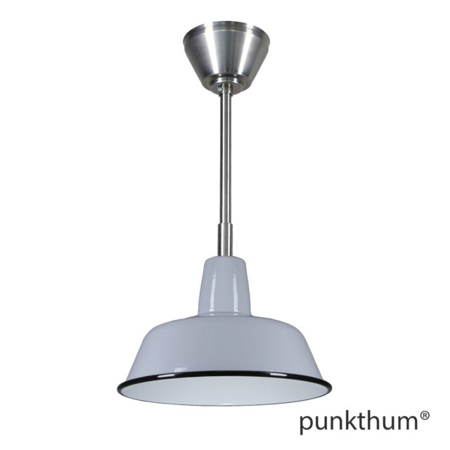 Graue Fabriklampe, Emaillelampe mit Stahlrohr-Aufhängung und Baldachin.