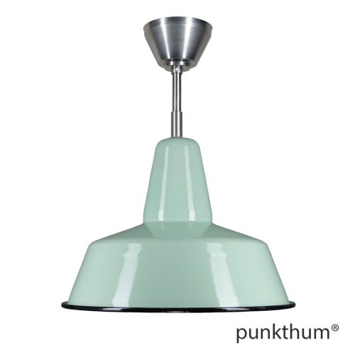 Apfelgrüne Emaillelampe, Fabriklampe mit Stahlrohr-Aufhängung und Baldachin.