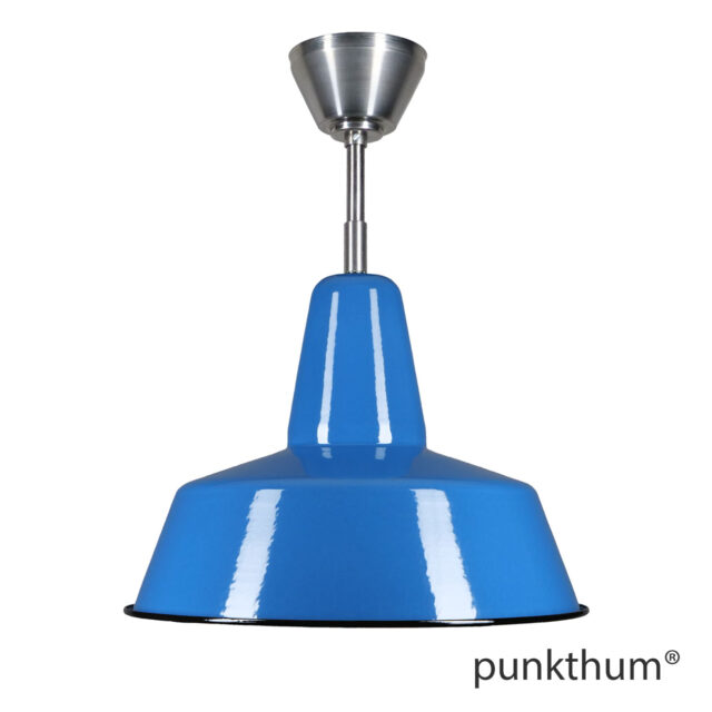 Grosse blaue Fabriklampe, Emaillelampe mit Stahlrohr-Aufhängung und Baldachin.