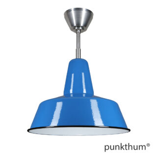 Grosse blaue Fabriklampe, Emaillelampe mit Stahlrohr-Aufhängung und Baldachin.