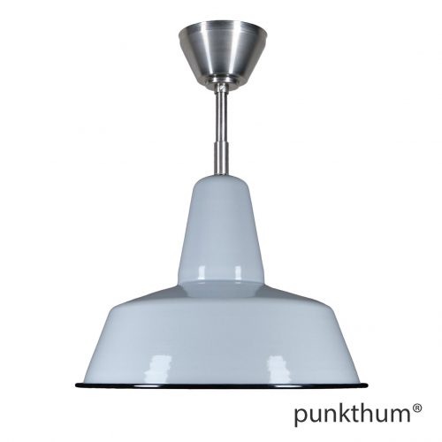 Grosse graue Fabriklampe, Emaillelampe mit Stahlrohr-Aufhängung und Baldachin.