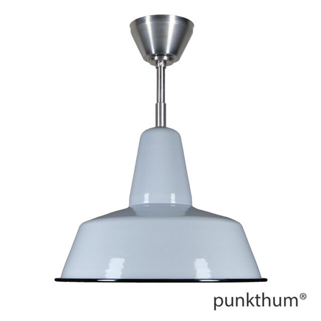 Grosse graue Fabriklampe, Emaillelampe mit Stahlrohr-Aufhängung und Baldachin.