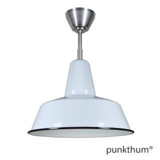 Grosse graue Fabriklampe, Emaillelampe mit Stahlrohr-Aufhängung und Baldachin.