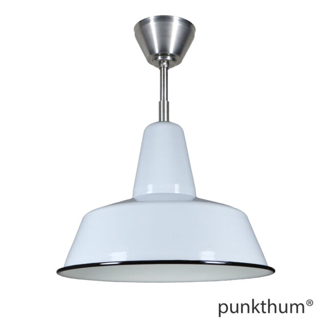 Grosse graue Fabriklampe, Emaillelampe mit Stahlrohr-Aufhängung und Baldachin.