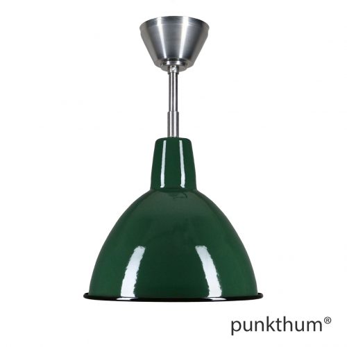 Grüne Fabriklampe, Emaillelampe mit Stahlrohr-Aufhängung und Baldachin.