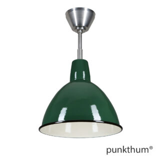Grüne Fabriklampe, Emaillelampe mit Stahlrohr-Aufhängung und Baldachin.