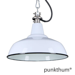 Hellgraue Emaillelampe, Industrielampe mit Stahlguss-Aufhängung und schwarzem Textilkabel.