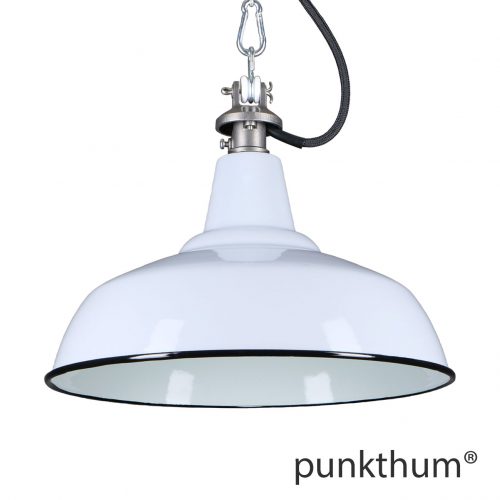 Hellgraue Emaillelampe, Industrielampe mit Stahlguss-Aufhängung und schwarzem Textilkabel.