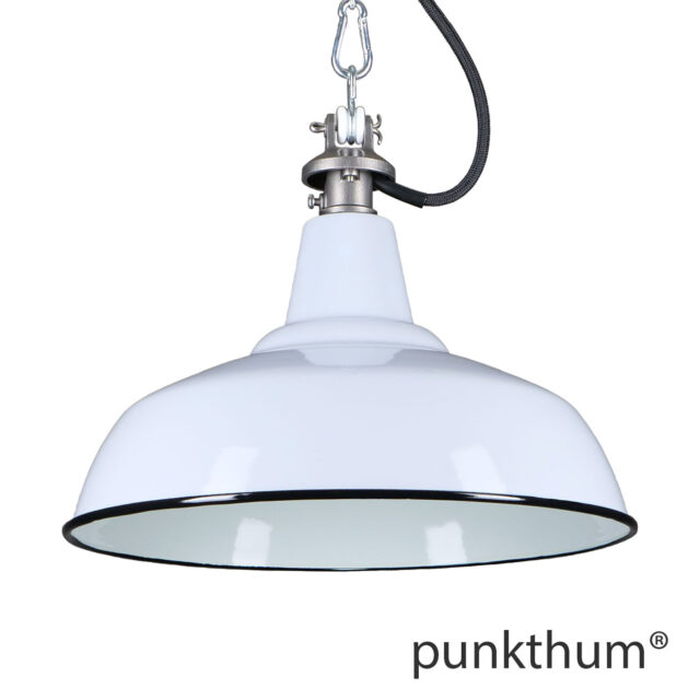Hellgraue Emaillelampe, Industrielampe mit Stahlguss-Aufhängung und schwarzem Textilkabel.