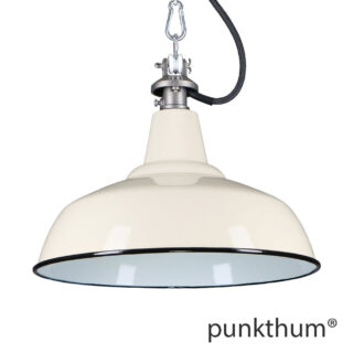 Sandfarbene Emaillelampe, Industrielampe mit Stahlguss-Aufhängung und schwarzem Textilkabel.