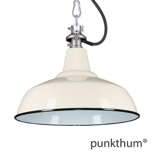 Sandfarbene Emaillelampe, Industrielampe mit Stahlguss-Aufhängung und schwarzem Textilkabel.