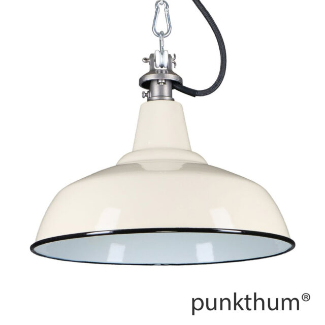 Sandfarbene Emaillelampe, Industrielampe mit Stahlguss-Aufhängung und schwarzem Textilkabel.