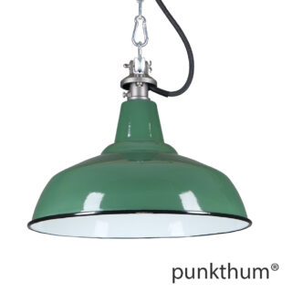 Dunkelgrüne Emaillelampe, Industrielampe mit Stahlguss-Aufhängung und schwarzem Textilkabel.