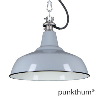 Graue Emaillelampe, Industrielampe mit Stahlguss-Aufhängung und schwarzem Textilkabel.